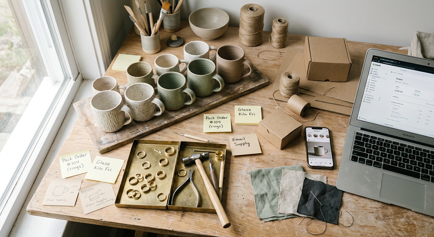 An independent maker's workbench with ceramics, jewelry, packaging, and a laptop open to a store admin